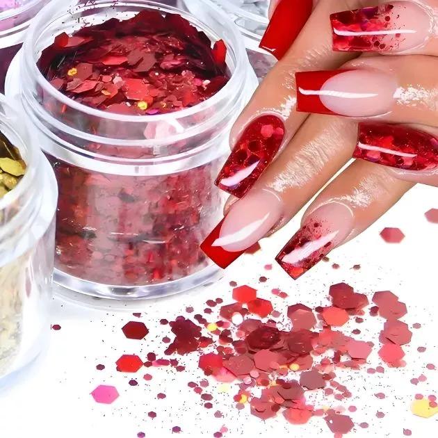 Unhas em Gel Vermelho com Glitter,