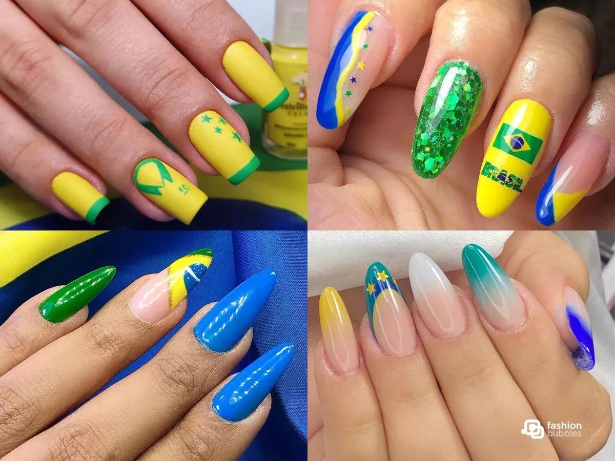 Unhas com bandeiras ou linhas nas cores do Brasil. Elegância para torcer pelos nossos atletas!